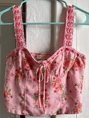 Fairy Thrift Pink Floral Lace-Trim Crop Bra Top